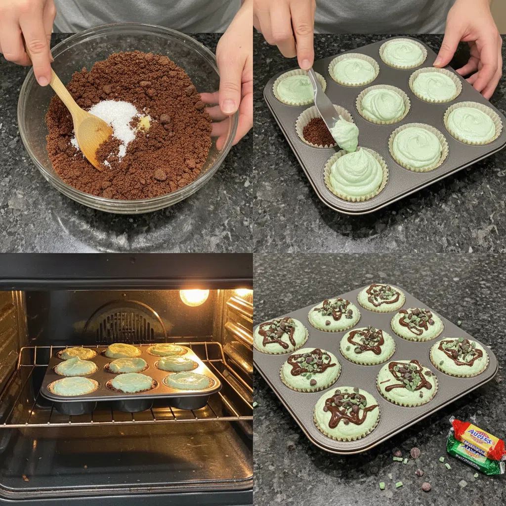 Hands pressing a chocolate wafer crust into a mini cheesecake pan, a key step for andes mint mini cheesecake preparation.