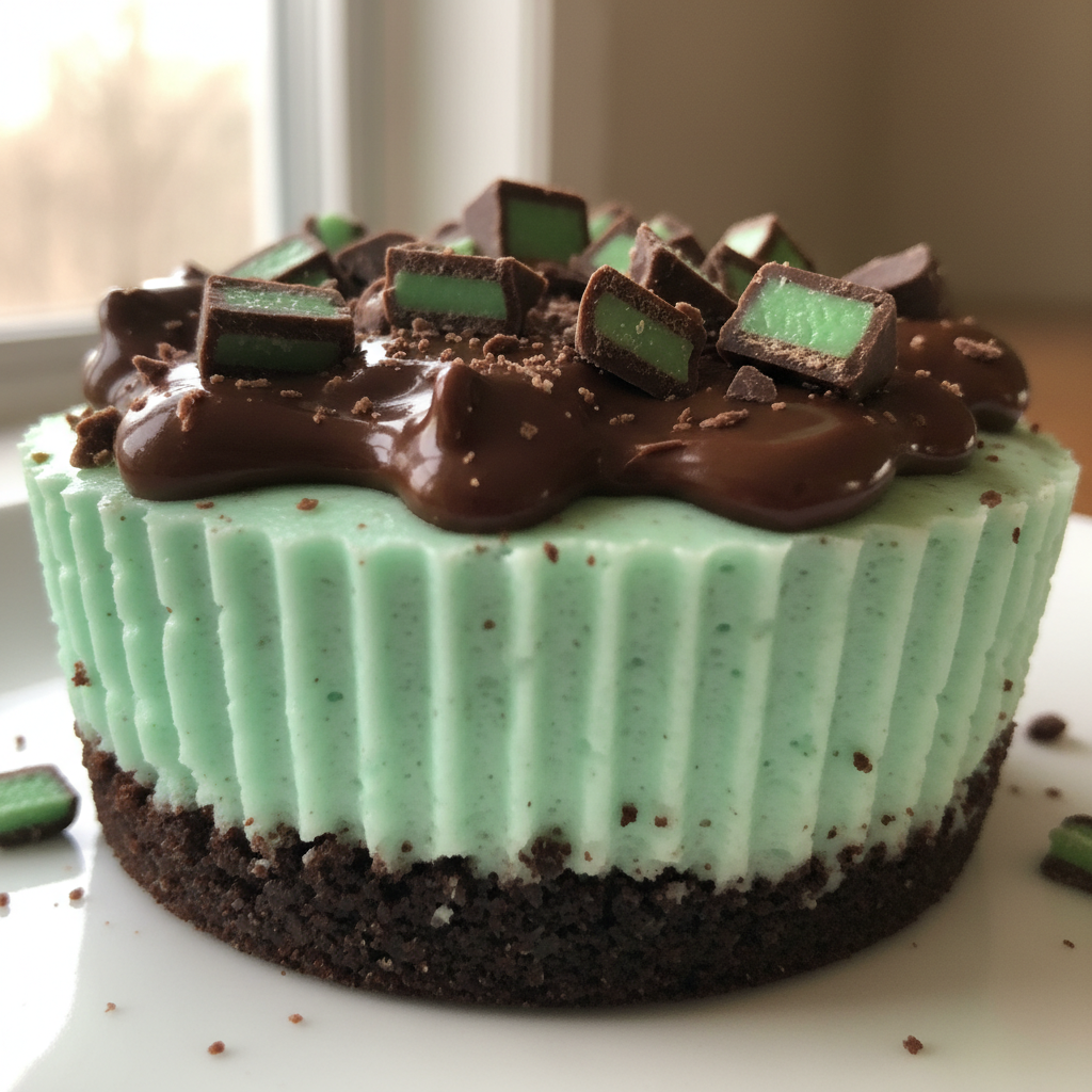 A beautifully arranged plate of individual andes mint mini cheesecake desserts, topped with chocolate shavings and a fresh mint leaf.