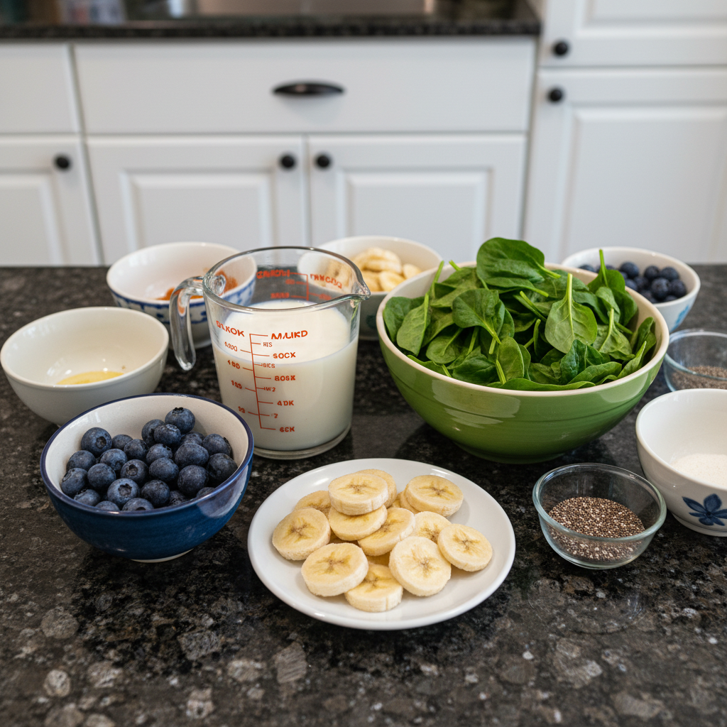 Fresh blueberries, yogurt, milk, and ice, ready to make a delicious Back to Basics Blueberry Smoothie.