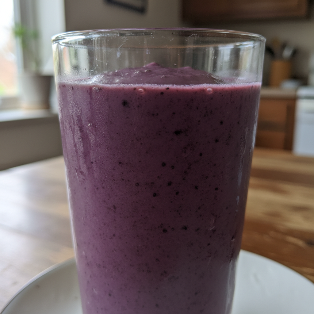 A vibrant Back to Basics Blueberry Smoothie in a tall glass, garnished with fresh berries and a straw.