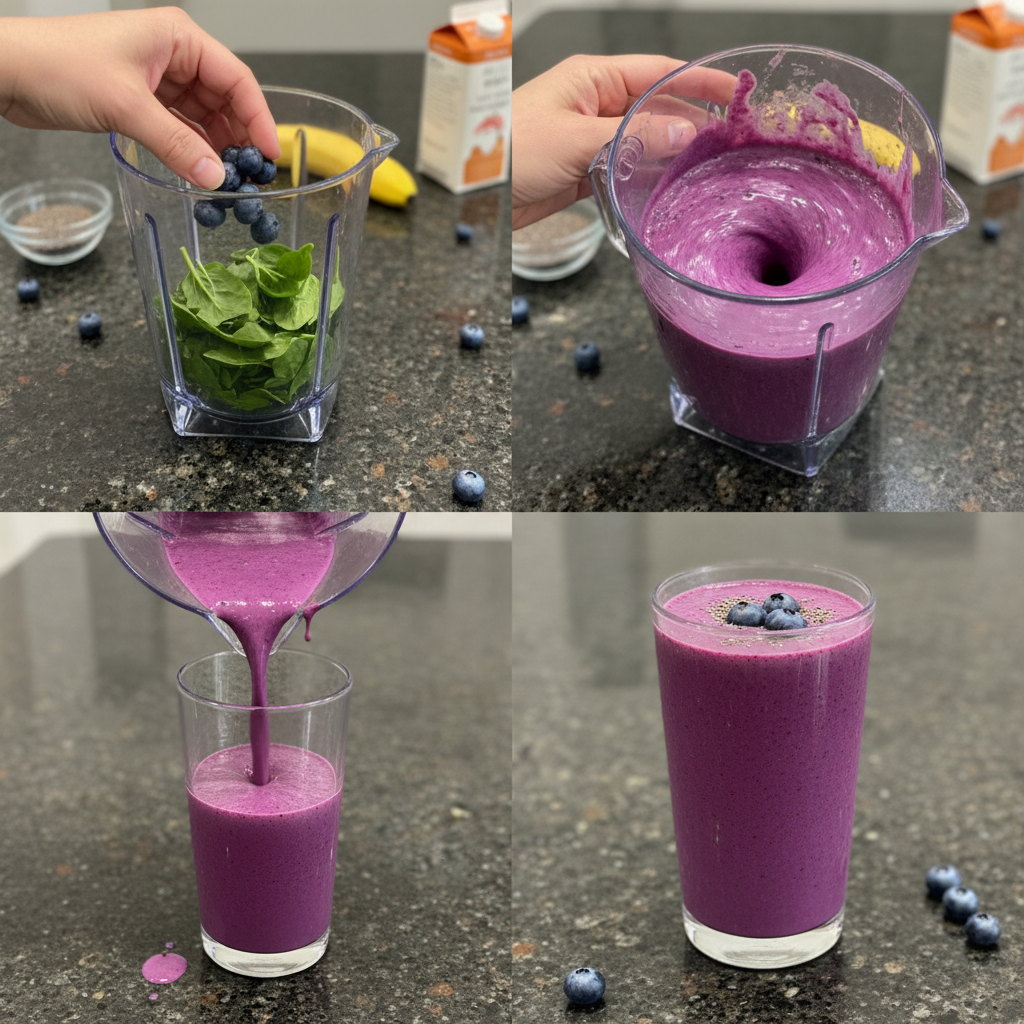 Blending fresh blueberries, yogurt, and milk in a blender to create a smooth Back to Basics Blueberry Smoothie.