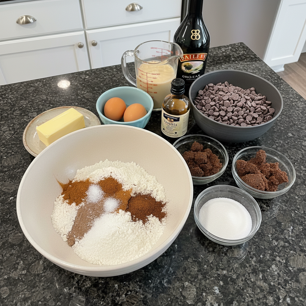 Ingredients for Bailey's Irish Cream Cookies: flour, sugar, eggs, and a bottle of Irish cream, neatly arranged on a wooden table.