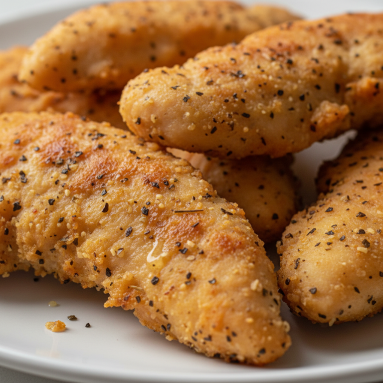 Golden brown baked chicken tenders piled on a wooden board, served with a fresh lemon wedge.