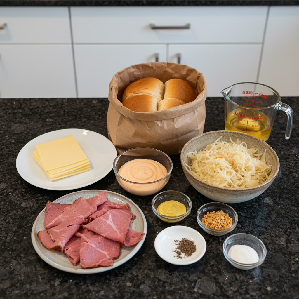 Fresh ingredients for baked reuben sliders, including rolls, corned beef, and Swiss cheese, laid out on a kitchen counter.