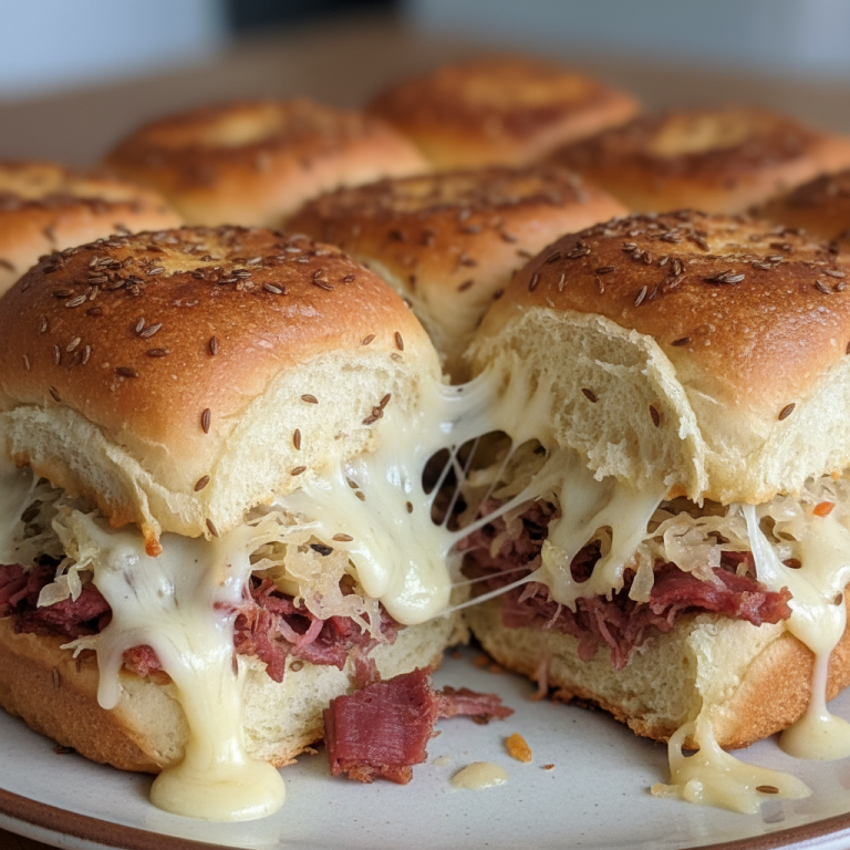 A platter of golden-baked reuben sliders, cheese bubbling, ready to be enjoyed as an appetizer or meal.