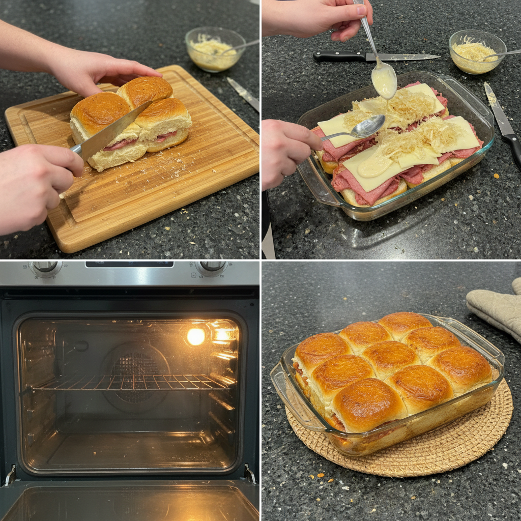Assembling delicious baked reuben sliders in a glass baking dish, layering ingredients onto sliced rolls.