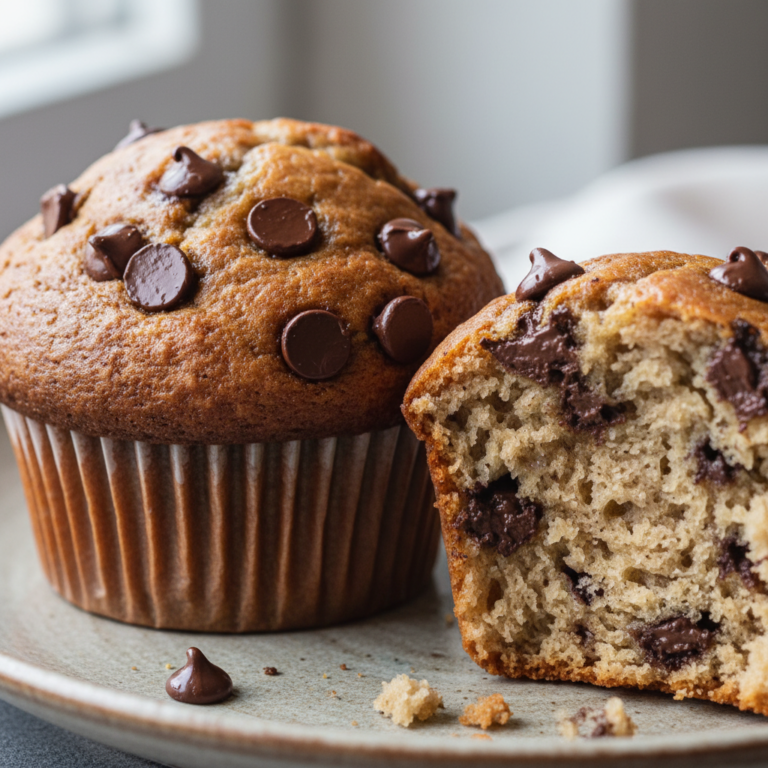 A close-up of golden-brown banana chocolate chip muffins, perfectly baked and cooling on a wire rack, ready to eat.