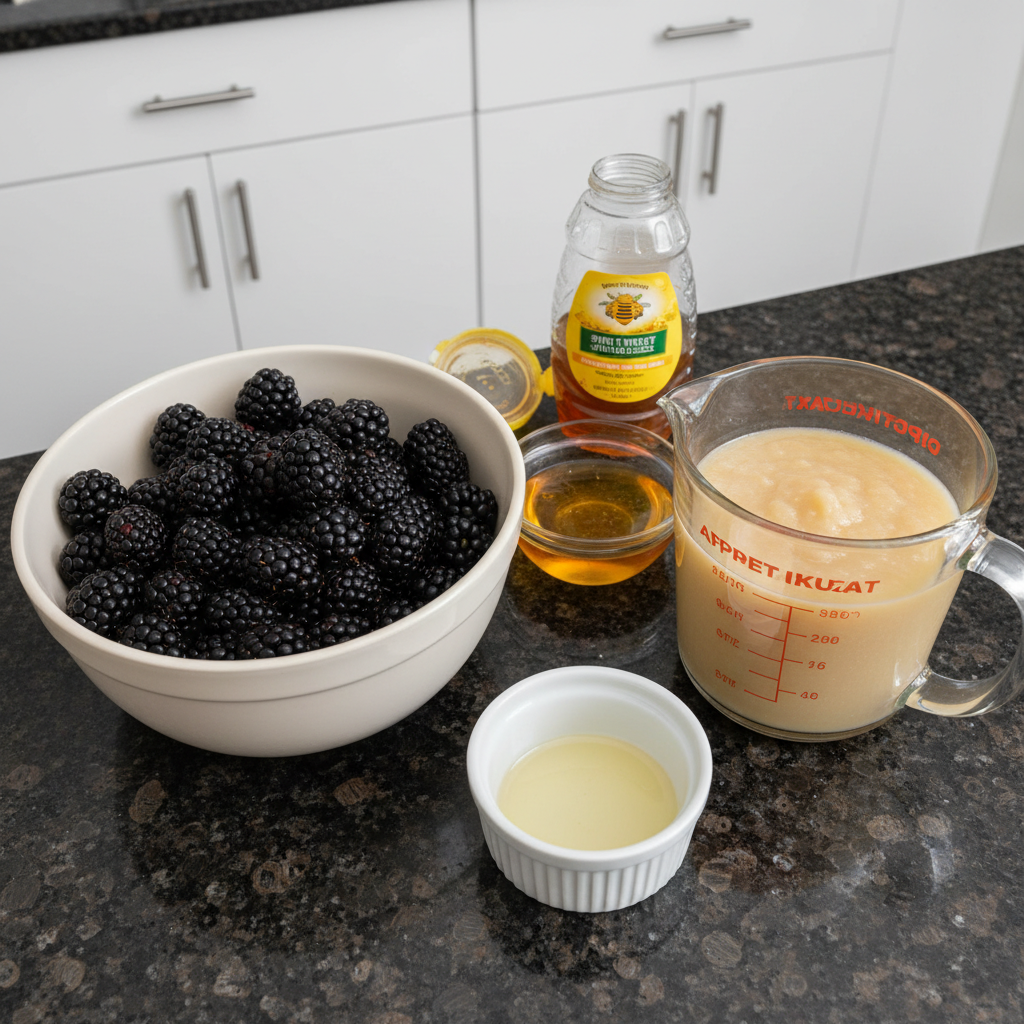 Fresh, ripe blackberries and other simple ingredients arranged for making blackberry fruit leather.