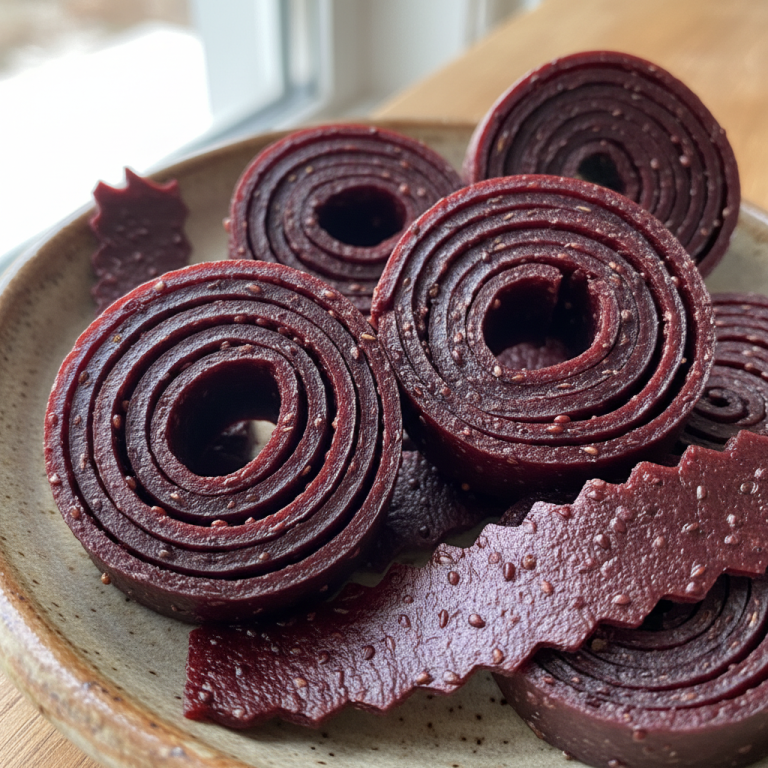 Delicious homemade blackberry fruit leather, rolled up and ready to eat, on a rustic wooden board.