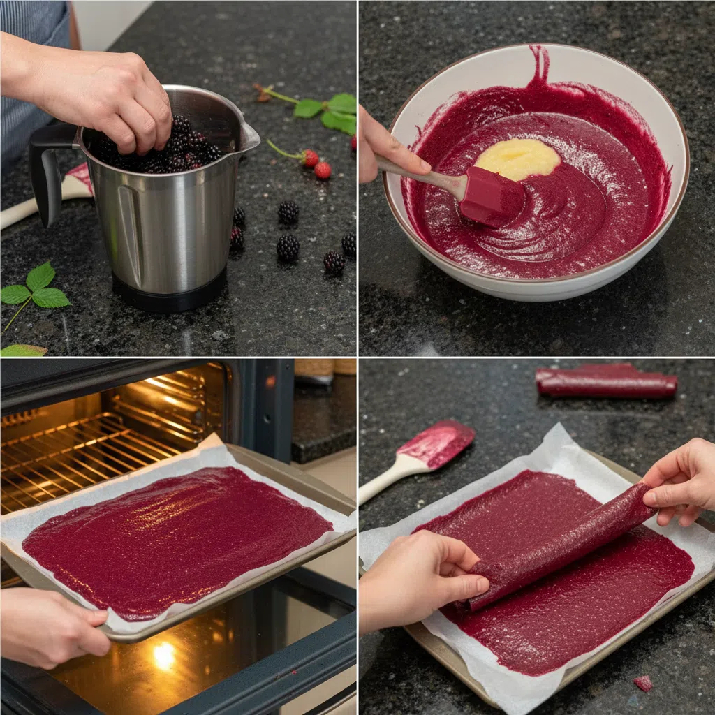 Smooth, glossy blackberry puree spread thinly on a baking sheet, ready for drying into fruit leather.