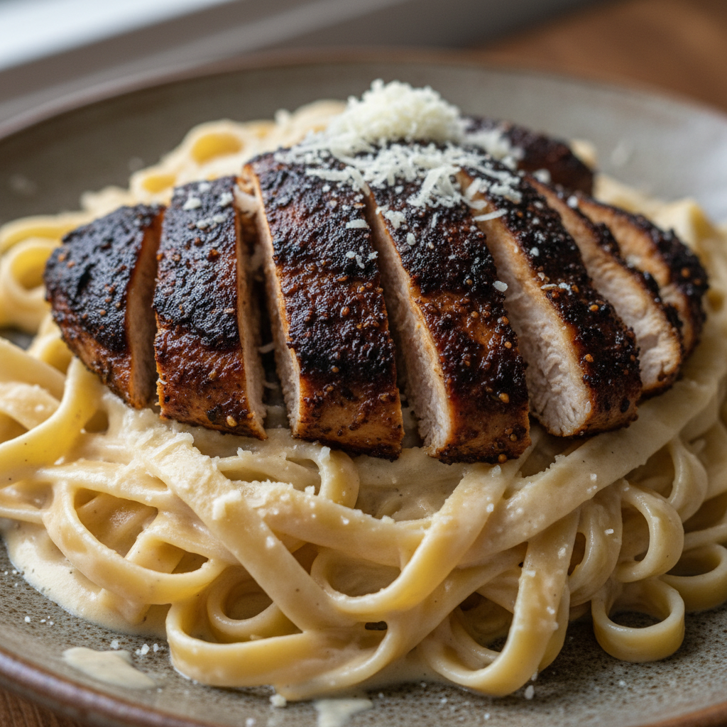 A creamy plate of blackened chicken alfredo, featuring perfectly seasoned chicken over fettuccine pasta.