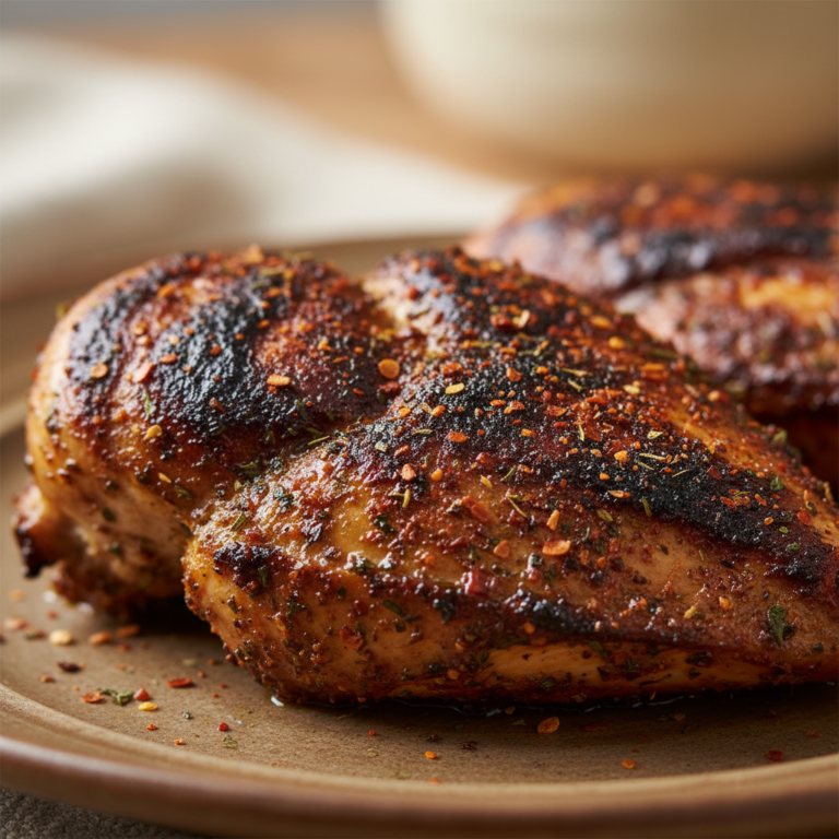 A close-up of a perfectly cooked blackened chicken breast, showing its spicy, charred crust and juicy interior.