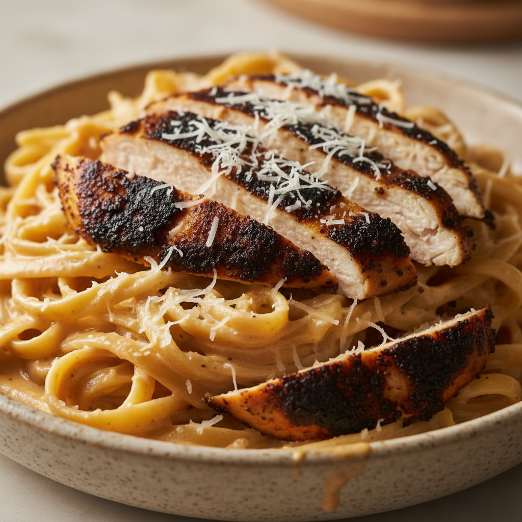 A creamy plate of blackened chicken pasta with fettuccine, tender chicken, and vibrant parsley garnish.