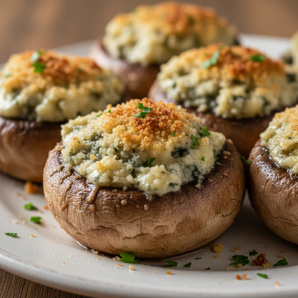 A close-up of golden-brown blue cheese stuffed mushrooms, garnished with fresh parsley, ready to serve.