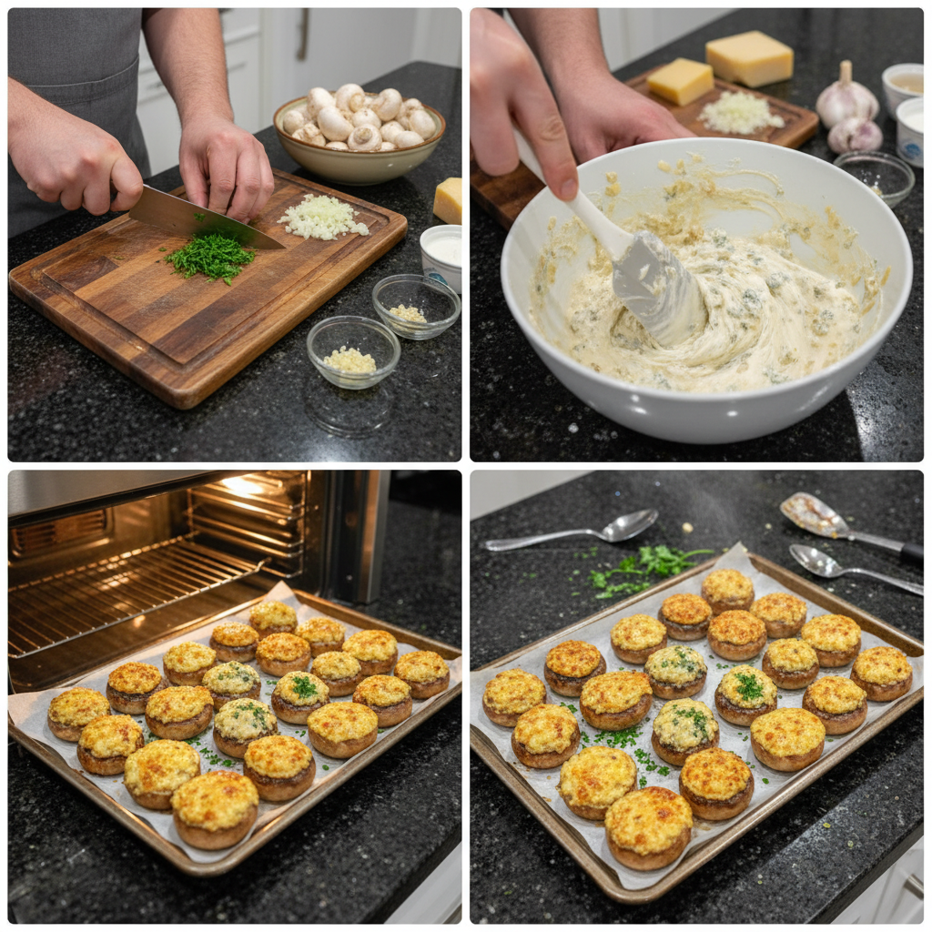 Hands carefully stuffing crimini mushrooms with a savory blue cheese mixture on a baking sheet, preparing them for baking.