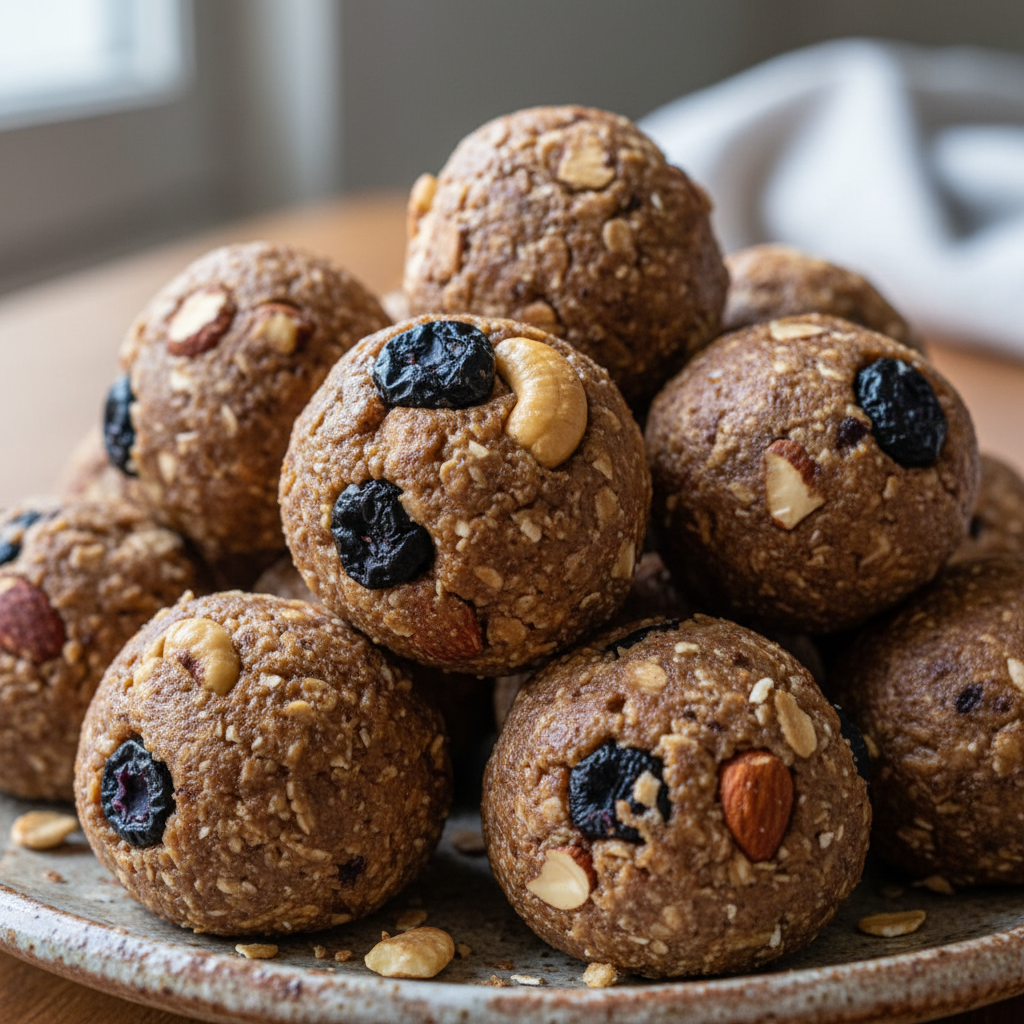 A close-up of several homemade blueberry energy bites arranged appealingly on a wooden board, ready for a healthy snack.