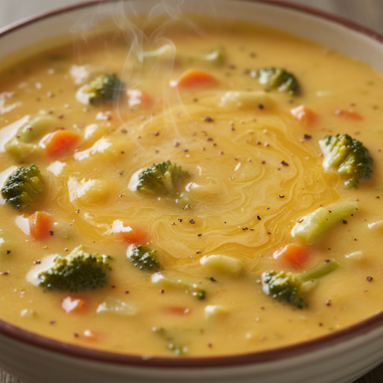 A rich, creamy bowl of broccoli cheddar soup garnished with fresh parsley on a wooden table.