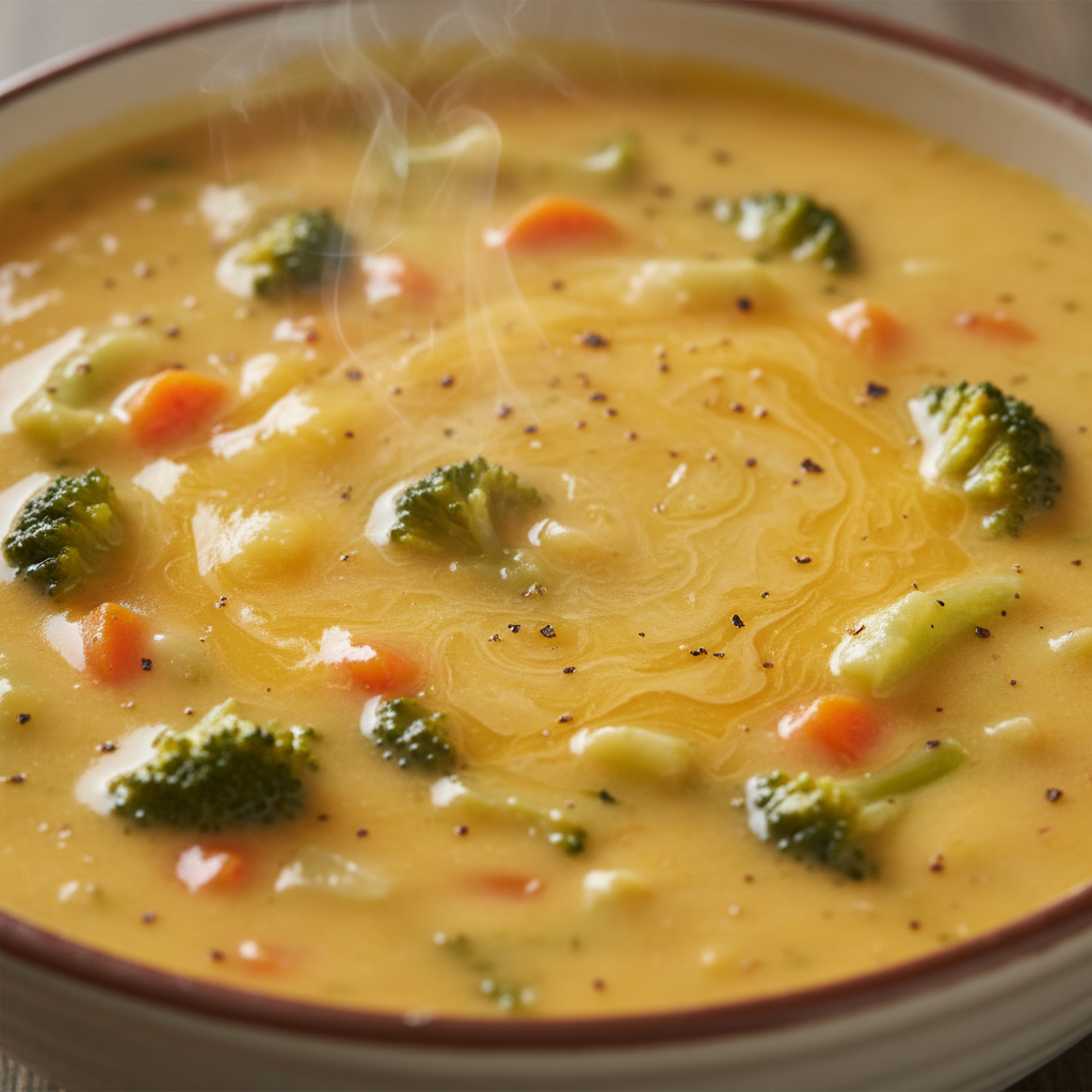 A rich, creamy bowl of broccoli cheddar soup garnished with fresh parsley on a wooden table.