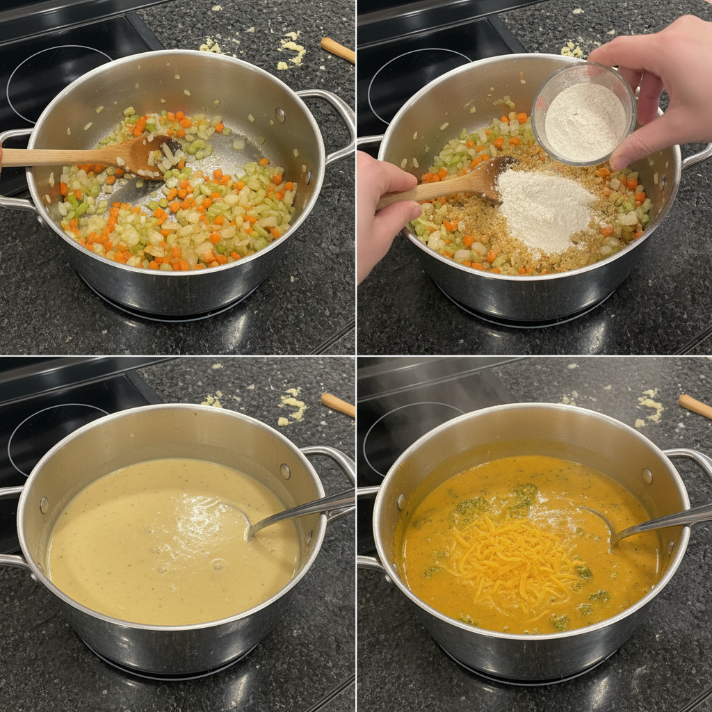 Diced broccoli and shredded cheddar cheese being stirred into a simmering pot for broccoli cheddar soup.
