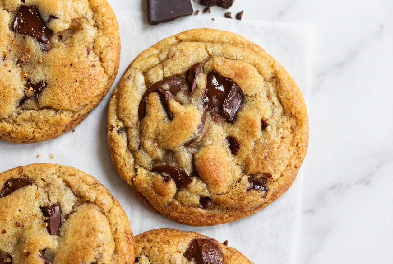 Brown butter chocolate chip cookies on a minimalist ceramic plate with toffee-colored edges from caramelized milk solids.