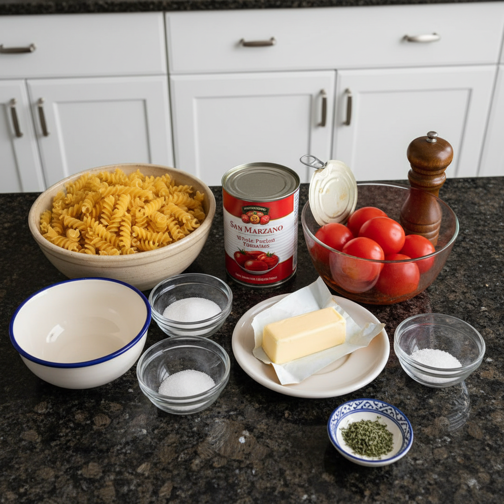 Fresh ingredients for Buttery Tomato Pasta laid out: plump tomatoes, fragrant basil, garlic, butter, and pasta.