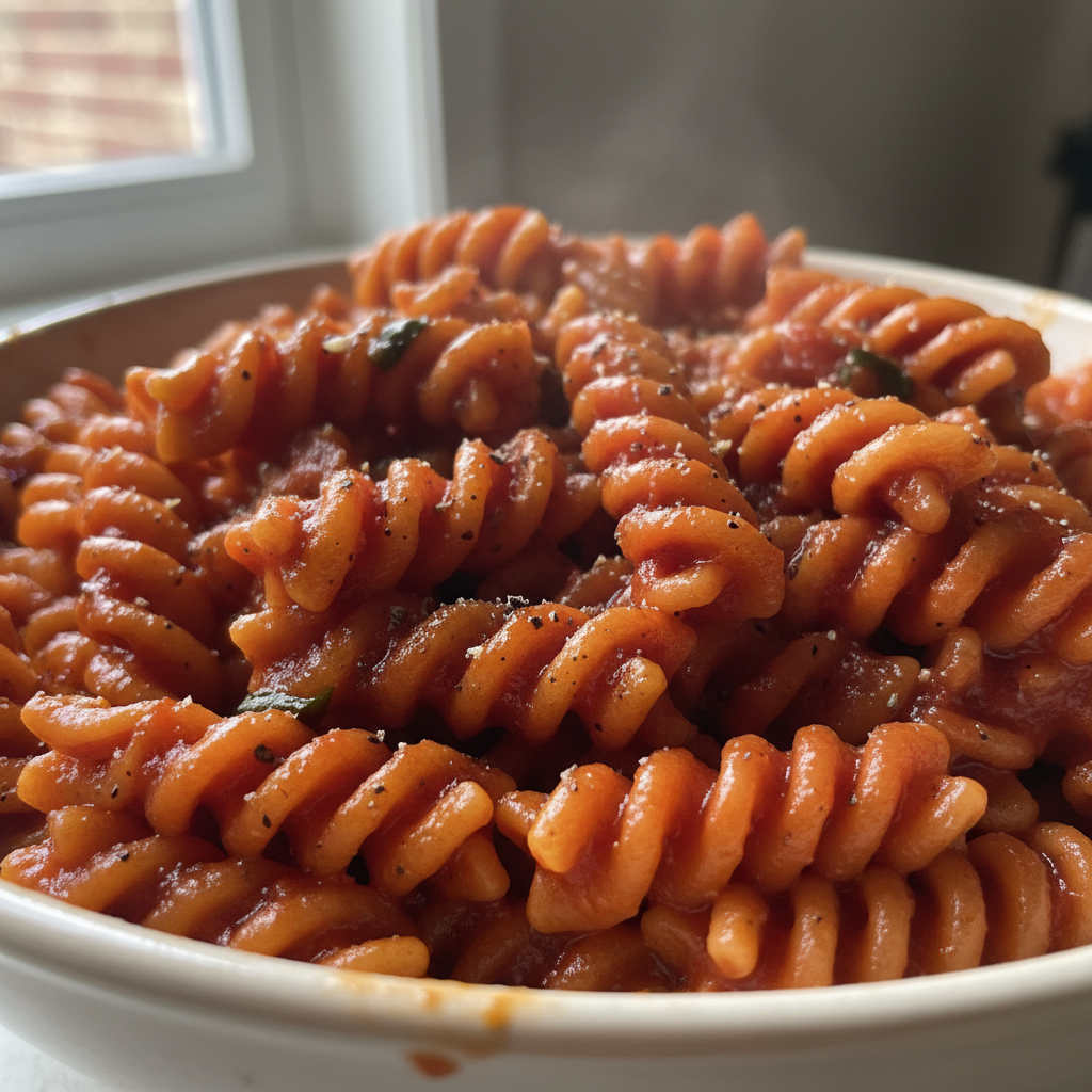 A vibrant bowl of Buttery Tomato Pasta with fresh basil, showcasing the rich, creamy sauce.