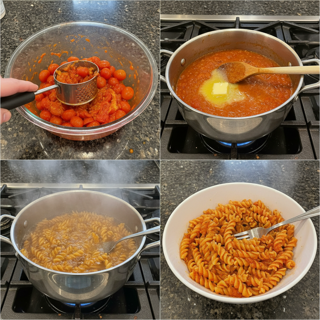 A close-up of a skillet where the rich tomato sauce for Buttery Tomato Pasta is simmering gently with herbs.