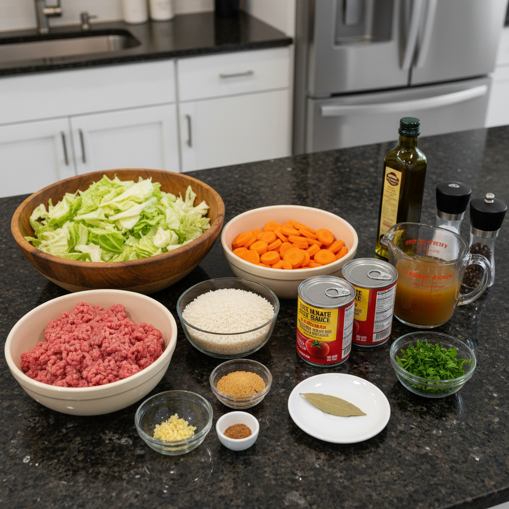 Fresh ingredients laid out for making a delicious cabbage roll soup, including ground beef, diced tomatoes, rice, and cabbage.