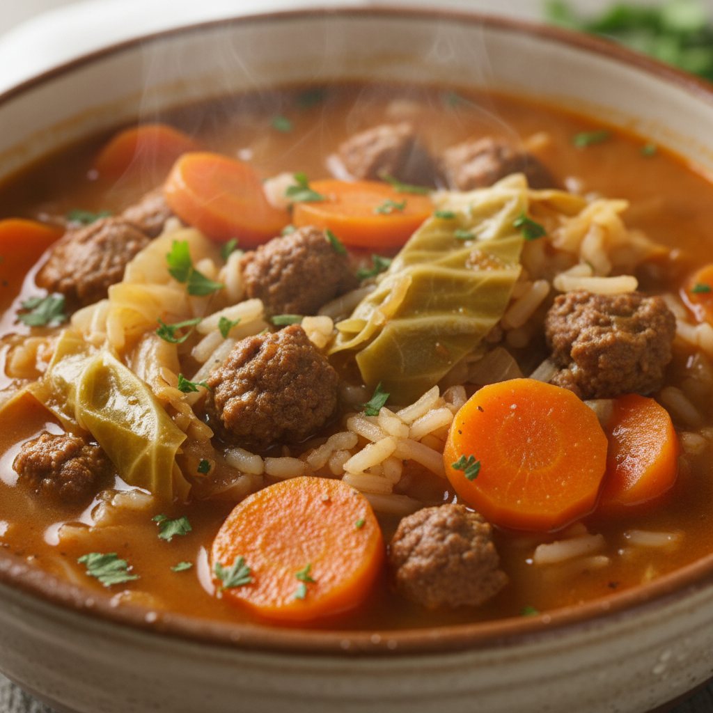 A hearty bowl of comforting cabbage roll soup, steaming hot and garnished with fresh herbs.