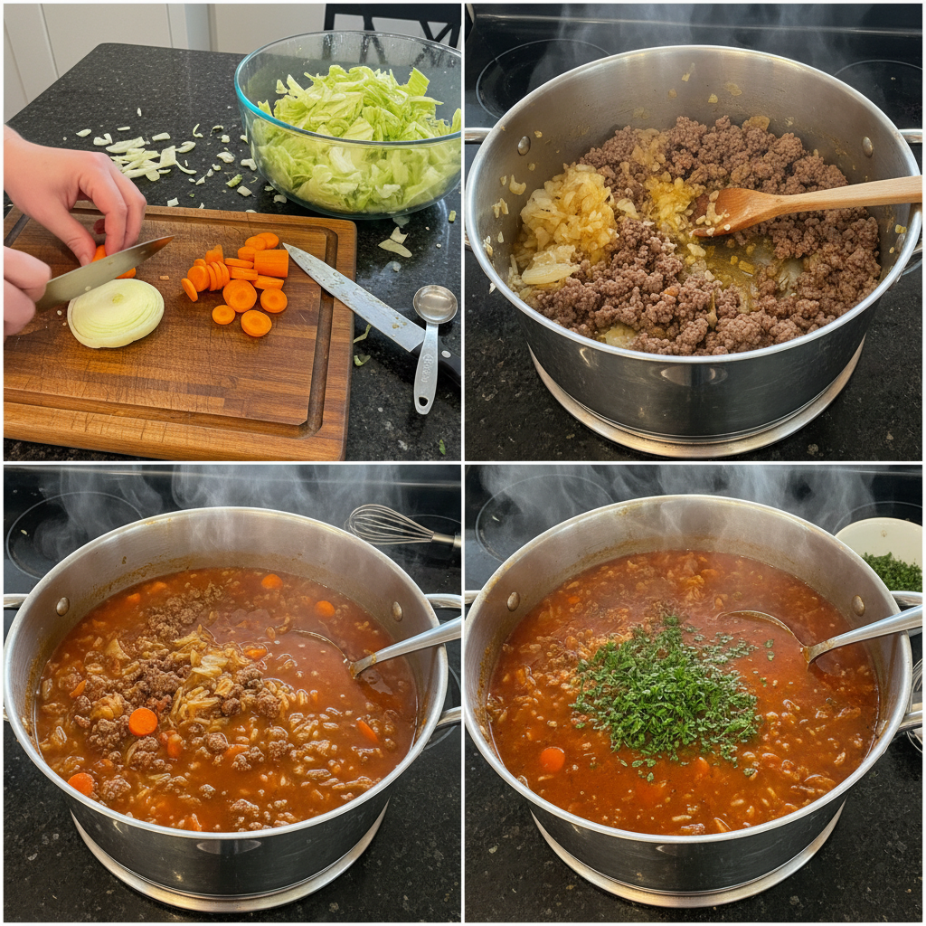 A large pot of fragrant cabbage roll soup simmering on the stovetop, with tender cabbage and savory meat.