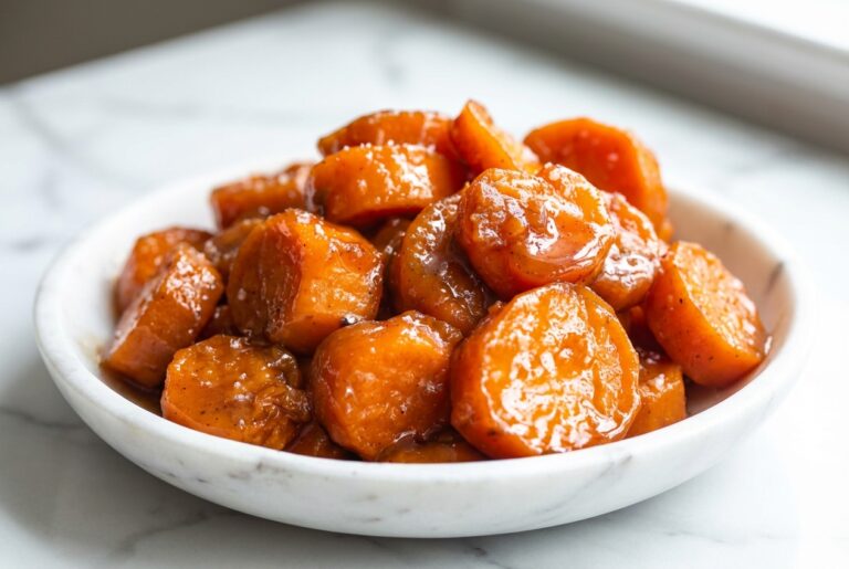 High-angle view of a candied yams recipe featuring a brown butter and sea salt finishing glaze in a minimalist ceramic vessel.