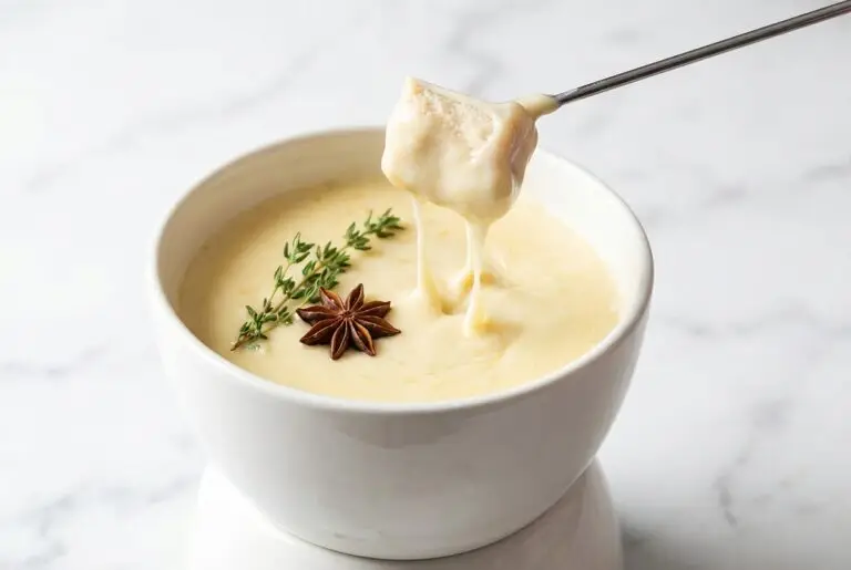 Velvety cheese fondue recipe in a white ceramic pot on a marble surface, infused with fresh thyme and star anise.