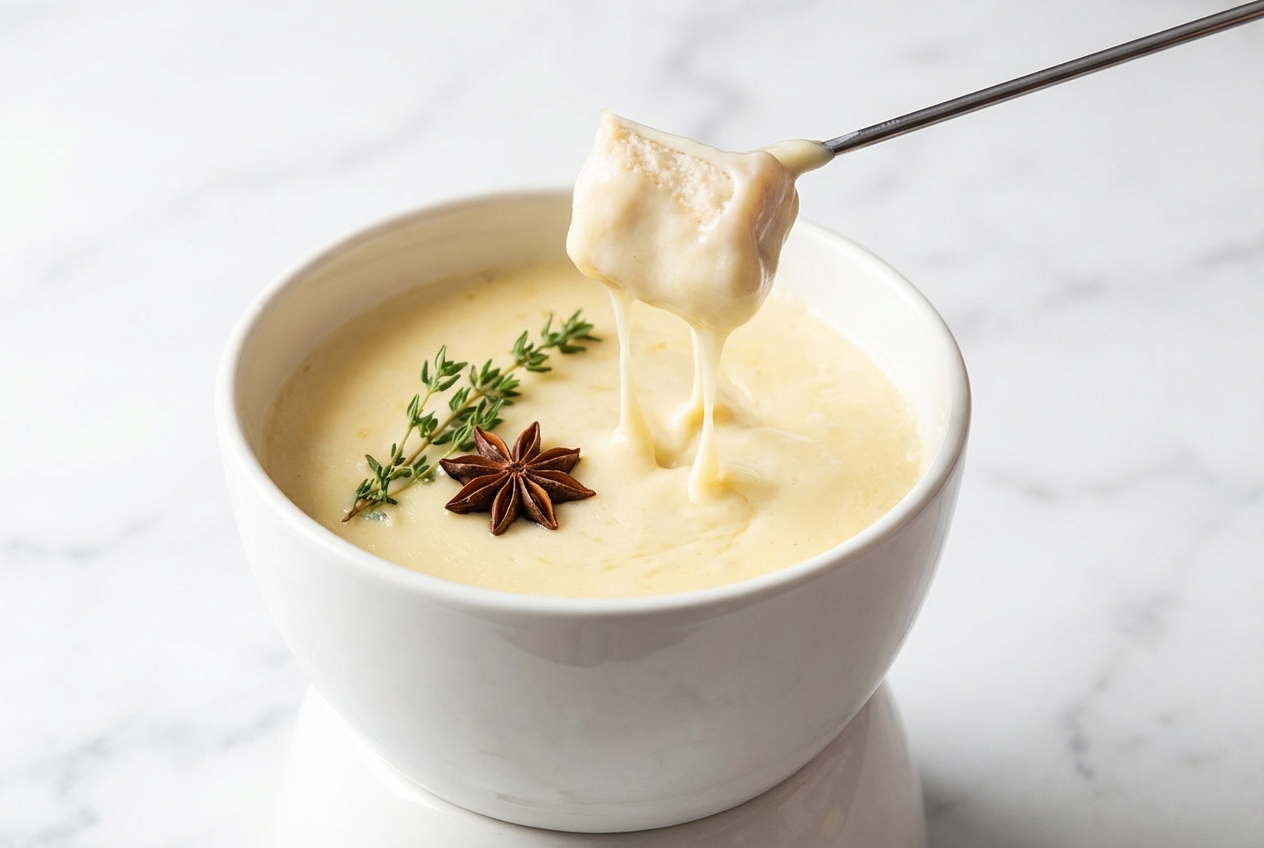 Velvety cheese fondue recipe in a white ceramic pot on a marble surface, infused with fresh thyme and star anise.