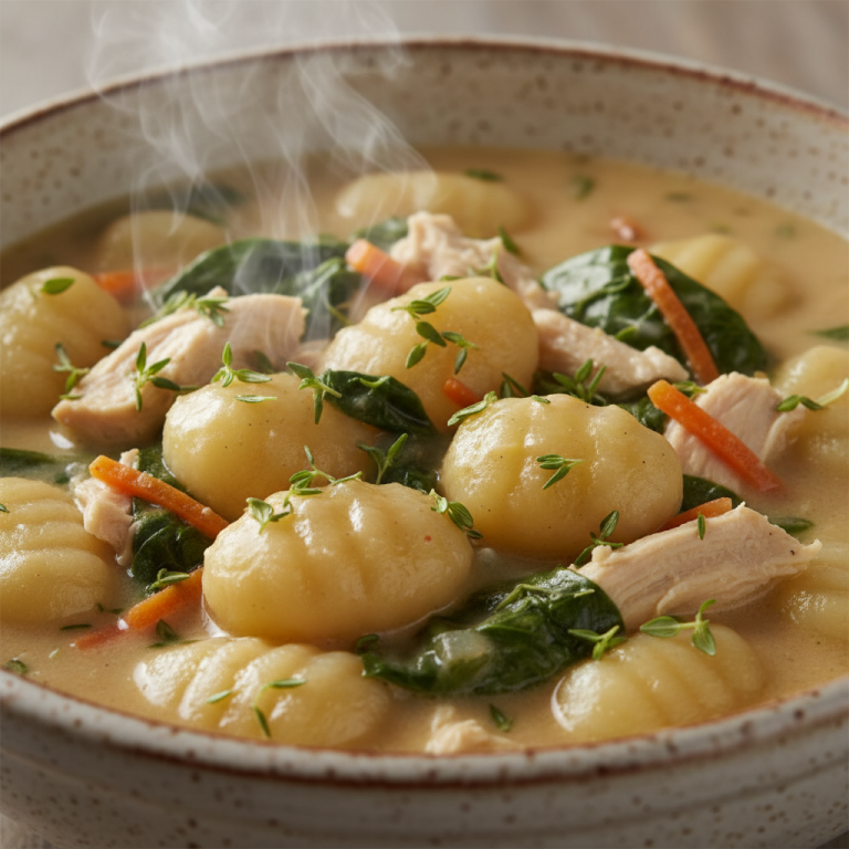 A close-up of creamy chicken gnocchi soup in a white bowl, garnished with fresh parsley, ready to be enjoyed.