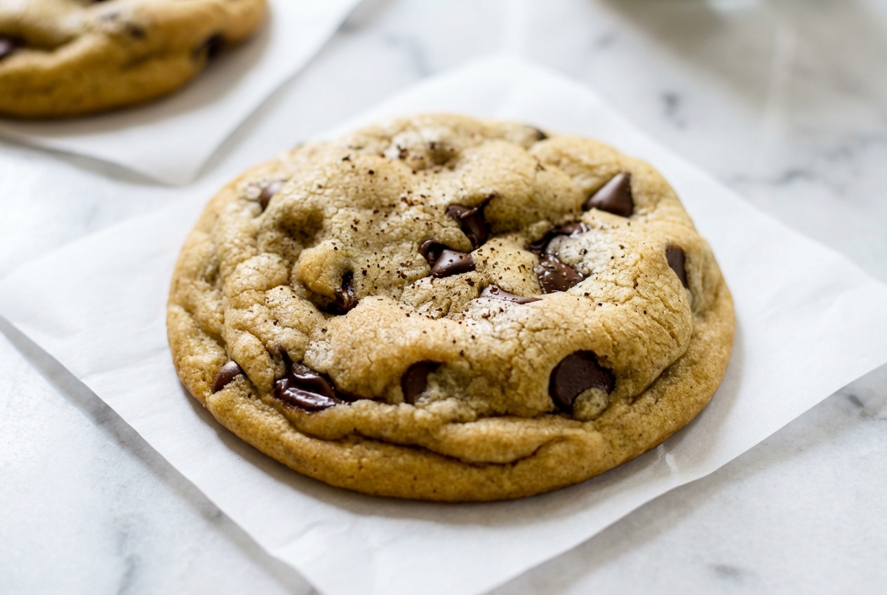 Golden chocolate chip cookies recipe with beurre noisette and espresso on a white marble surface under natural window lighting.