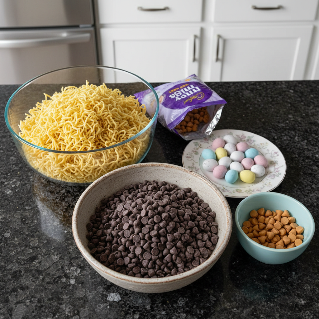 A neatly arranged flat lay of all fresh ingredients for making delicious Chocolate Peanut Butter Egg Nests.