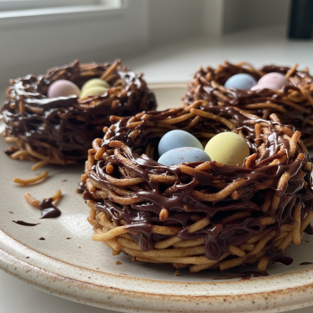 A beautiful close-up of finished Chocolate Peanut Butter Egg Nests on a white plate, showcasing their sweet details.