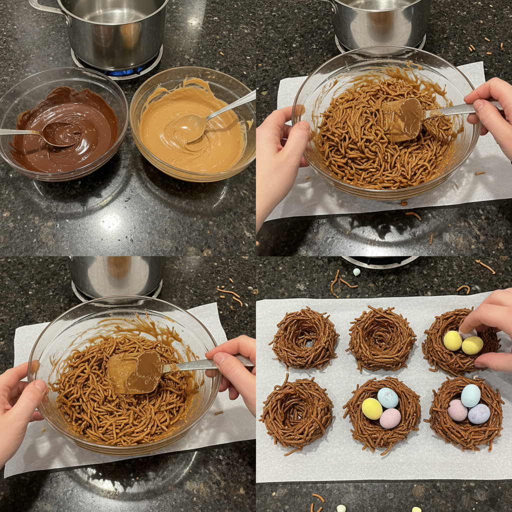 Hands mixing melted chocolate and peanut butter, a crucial step for Chocolate Peanut Butter Egg Nests.