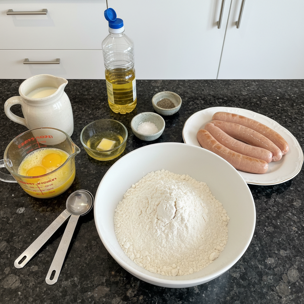Fresh ingredients laid out for Classic English Toad-in-the-Hole, including sausages, flour, eggs, milk, and oil.