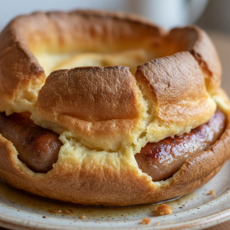 A golden, puffy Yorkshire pudding batter encasing juicy sausages, served hot. This Classic English Toad-in-the-Hole is a comforting meal.