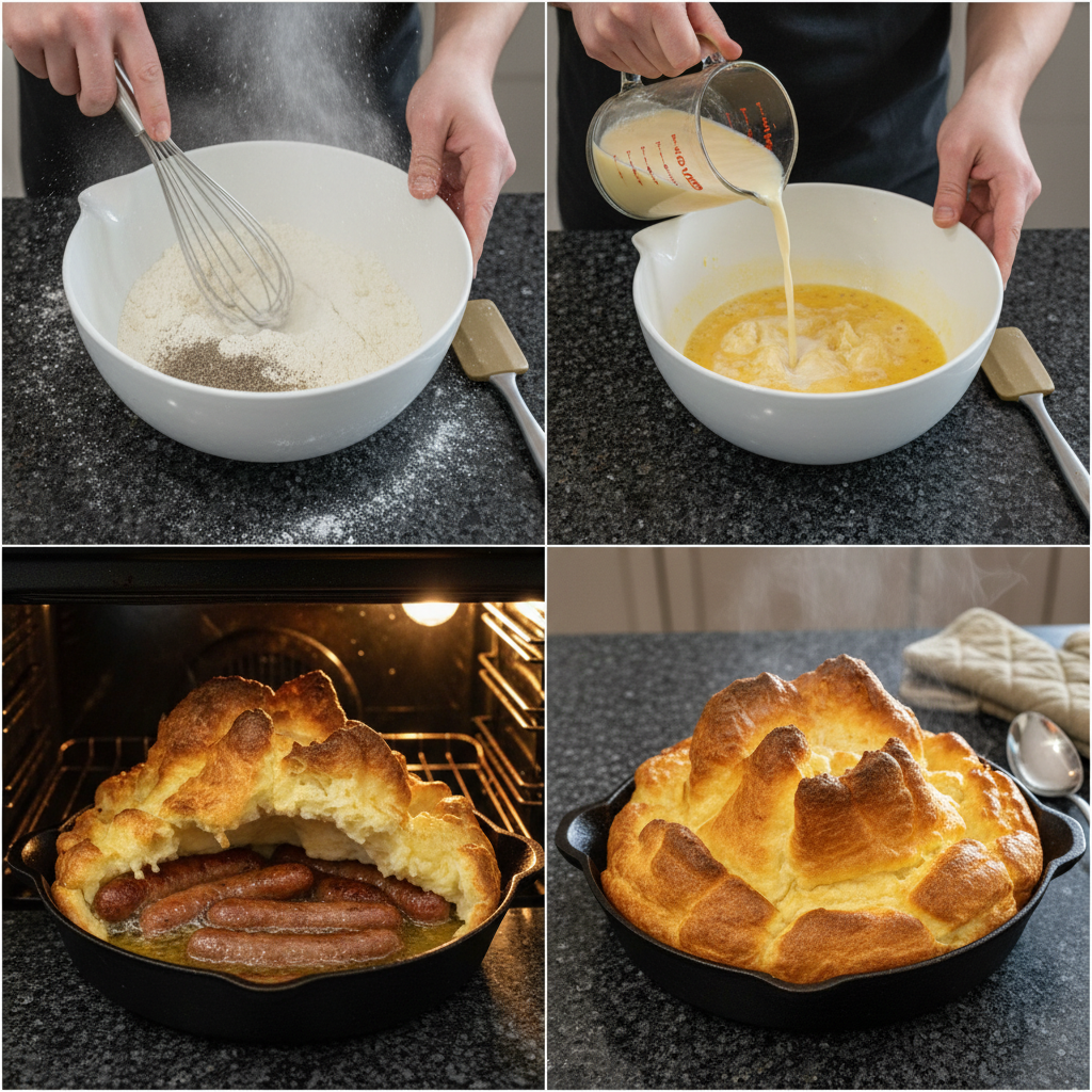 Raw sausages nestled in hot oil within a baking dish, ready for the Classic English Toad-in-the-Hole batter.