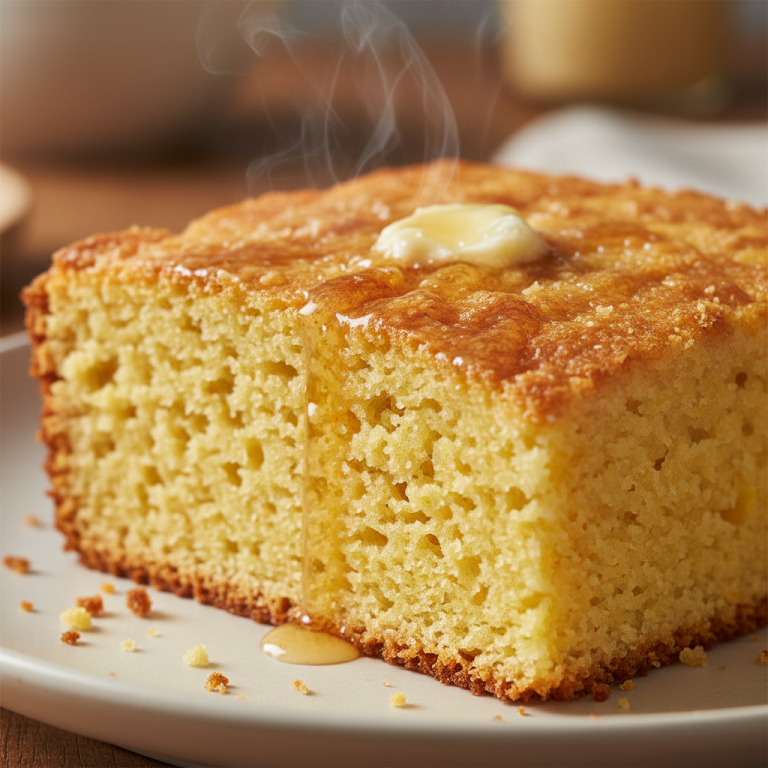 A golden-brown slice of classic cornbread recipe, perfectly baked and ready to serve with a pat of butter.