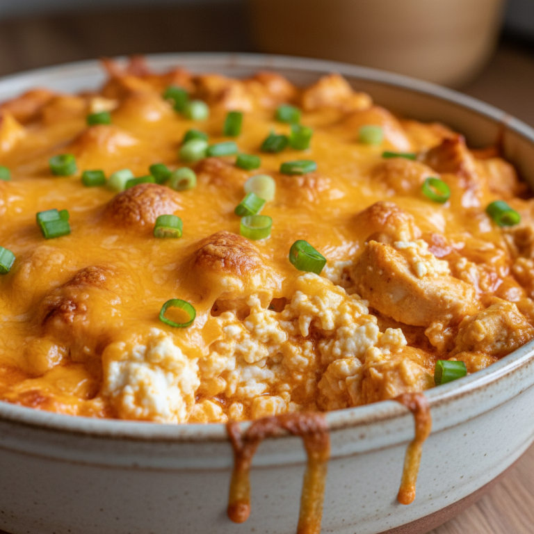 A bubbling hot dish of creamy cottage cheese buffalo chicken dip, garnished with fresh chives, ready to be served.