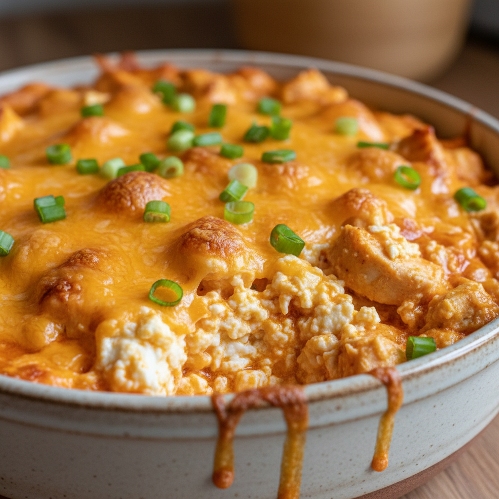 A bubbling hot dish of creamy cottage cheese buffalo chicken dip, garnished with fresh chives, ready to be served.