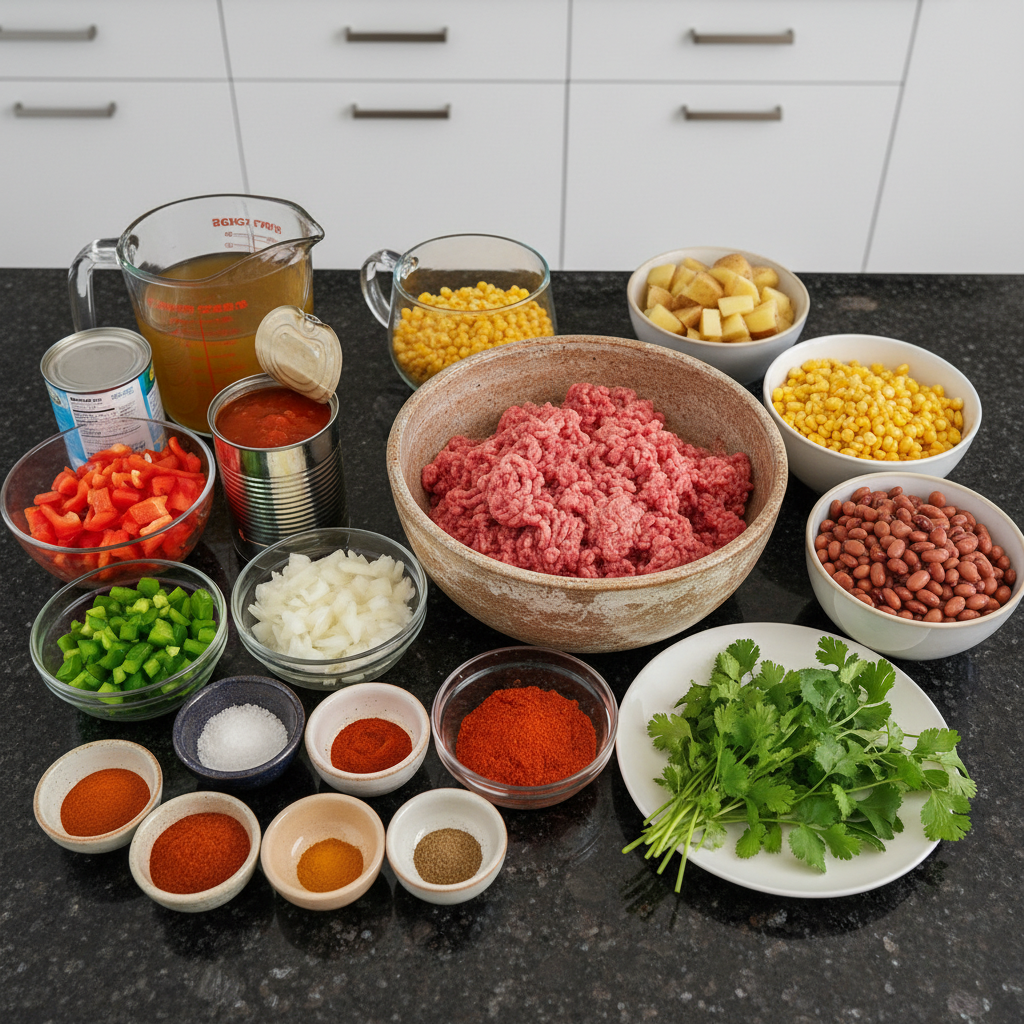 A colorful array of fresh vegetables, canned beans, ground beef, and spices, meticulously arranged for making cowboy soup.