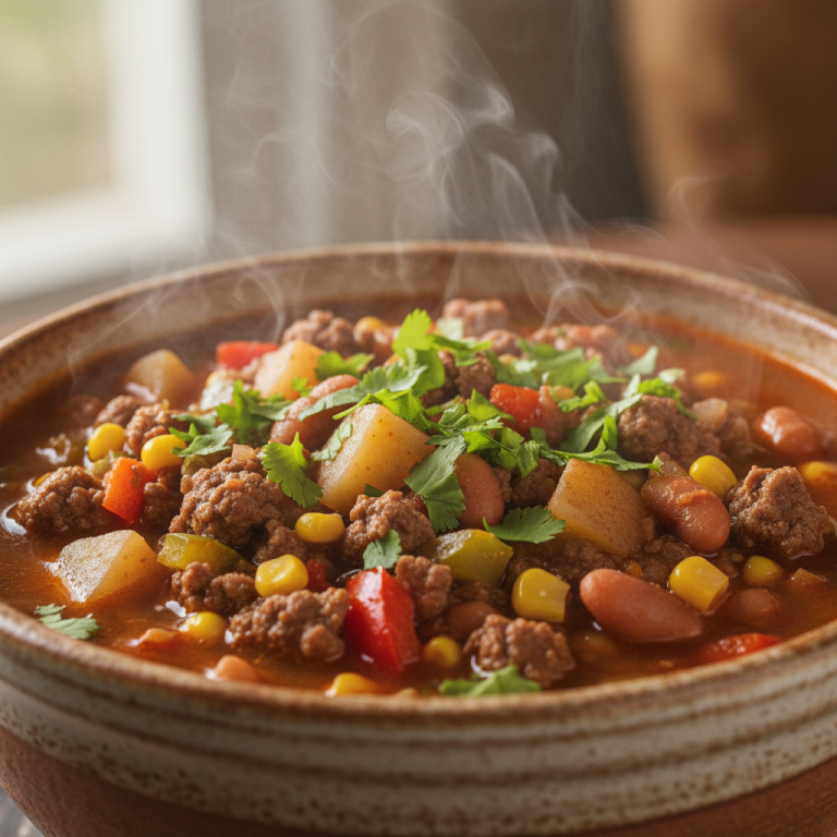 A rustic bowl of hearty cowboy soup, rich with ground beef, beans, corn, and chopped vegetables, garnished with fresh cilantro.