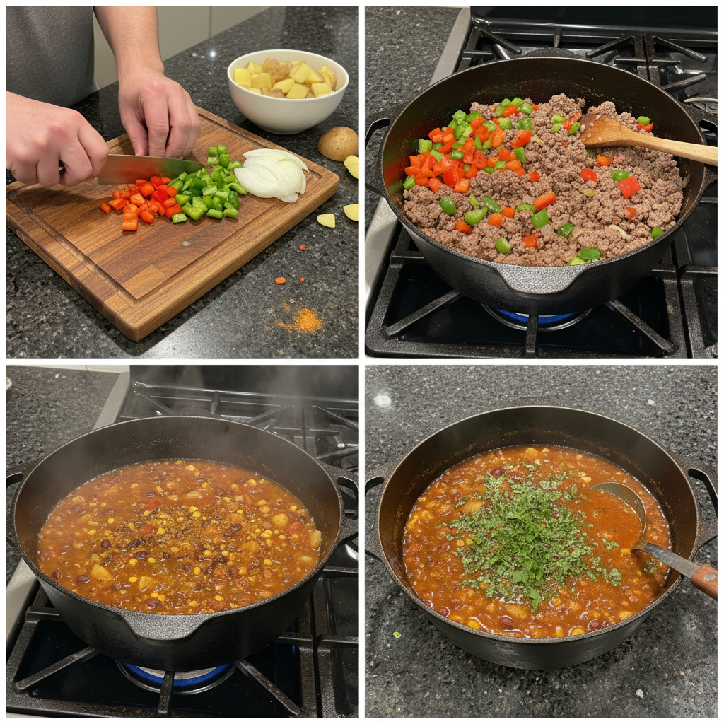 Ground beef and chopped onions sizzling in a large pot, a crucial first step in preparing a flavorful cowboy soup base.