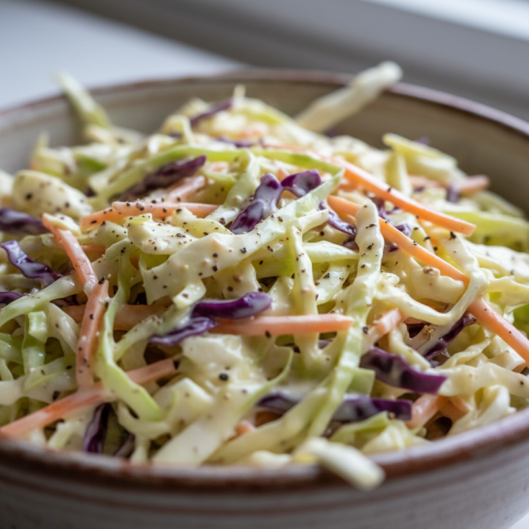A vibrant bowl of creamy coleslaw recipe, garnished with fresh parsley, ready to serve as a perfect side dish.