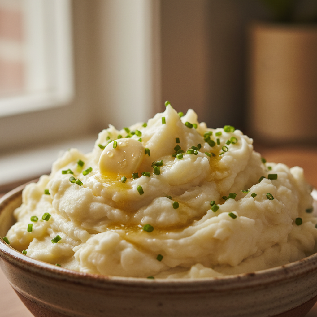 A close-up of a bowl of fluffy, Creamy Mashed Potatoes, garnished with fresh chives and a dollop of melting butter.