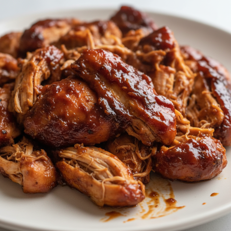 A succulent plate of shredded Crockpot BBQ Chicken on a bun with a side of coleslaw, ready to enjoy.